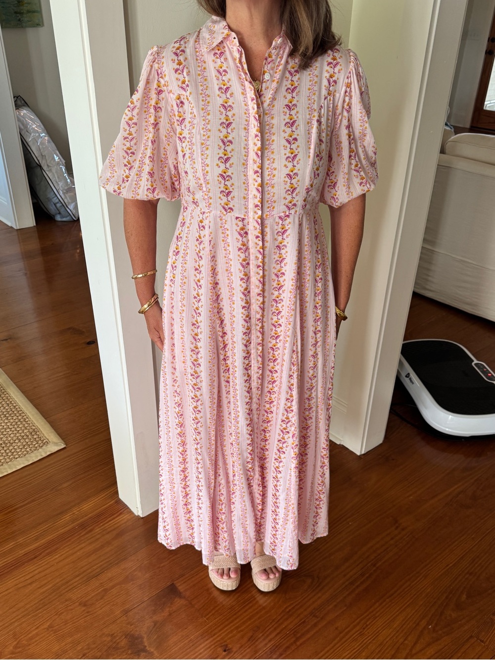Women's Livro Rosie dress. Pink Floral Maxi - Button-Front, Short Sleeve, pocket